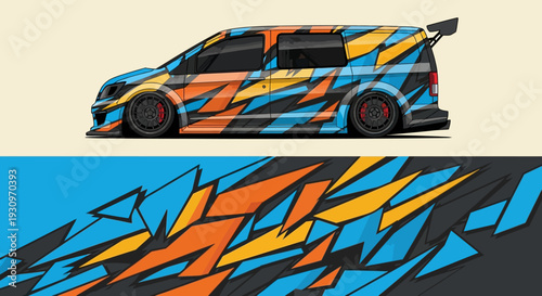 Vibrant geometric race car illustration with angular patterns.