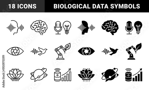 Symmetric hybrid icons merging human cognition and biological elements with technical data visualization and growth metrics in line and solid styles