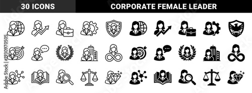 Business woman avatar merged with professional symbols including globe growth arrow briefcase gear shield target speech bubble laurel wreath and building