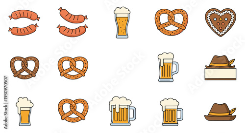 Oktoberfest icon set with traditional German food and drink like beer pretzels sausages and gingerbread hearts on a white background.