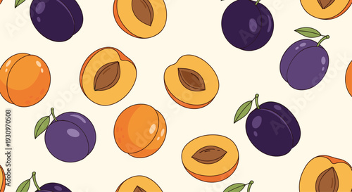 Seamless fruit pattern with cartoon apricots and plums both whole and sliced in half on a light beige background.
