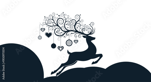 Elegant silhouette of a reindeer with ornate swirling antlers adorned with hanging hearts jumping over hills on a white background.