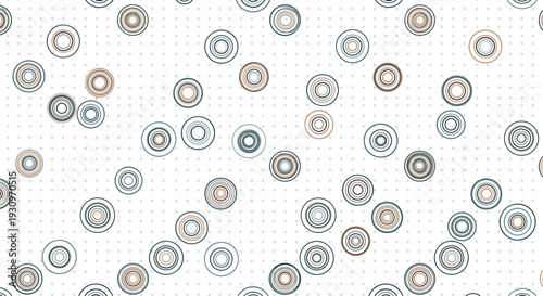 Abstract seamless pattern with blue and brown concentric circles of various sizes scattered over a subtle white dotted background.
