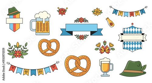 Oktoberfest celebration icon set with beer mugs pretzels traditional hats banners and floral elements isolated on a white background.