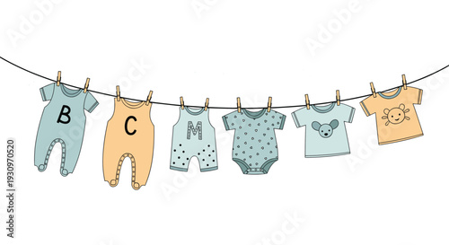 Cute baby shower illustration of various baby clothes like onesies and shirts hanging on a clothesline on a white background.