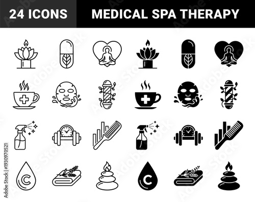 Wellness and Holistic Healthcare Hybrid Icon Set Featuring Medical Cross Tea Cup Yoga Heart Meditation and Herbal Supplement Capsule Designs