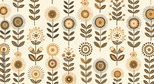 Seamless pattern of stylized folk art flowers in earthy tones of brown and yellow on a light cream colored background.