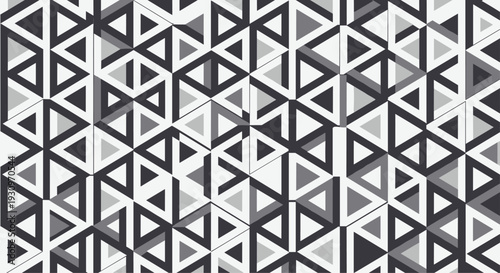 Monochrome seamless geometric pattern of interconnected triangles creating a complex 3D optical illusion effect in shades of grey.