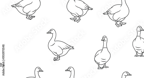 Minimalist seamless pattern of black outline geese illustrations in various poses on a clean and simple white background.