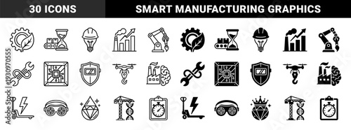 Industrial hybrid concept set featuring fusion of manufacturing and biological elements with dual outline and solid flat glyph style for heavy production