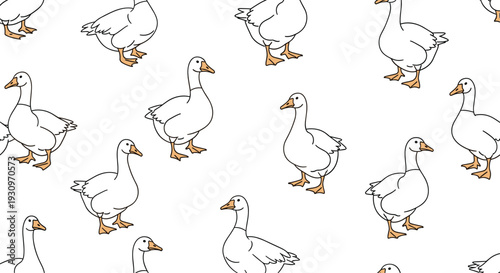 Seamless pattern featuring cute cartoon white domestic geese standing in various poses on a simple clean white background.