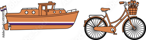 Orange boat and bicycle flat vector transportation illustration