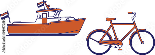 Orange boat and bicycle flat vector transportation illustration