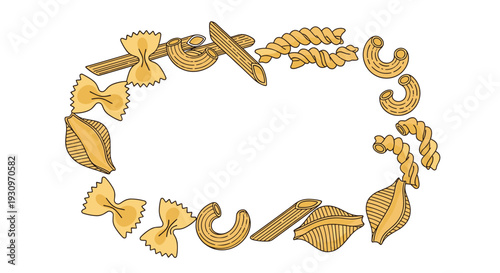 Hand-drawn illustration of various pasta types like farfalle penne and fusilli forming an oval frame on a white background.