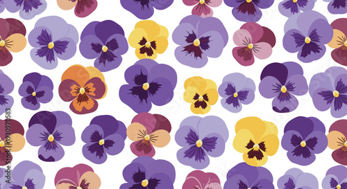 Seamless floral pattern background of colorful pansy flowers in shades of purple yellow and pink on a white background.