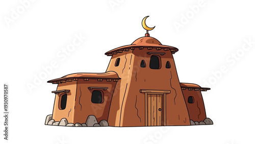 Ancient desert mosque illustration viewed from the front with a crescent moon on top, set in a serene landscape