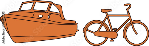 Orange boat and bicycle flat vector transportation illustration