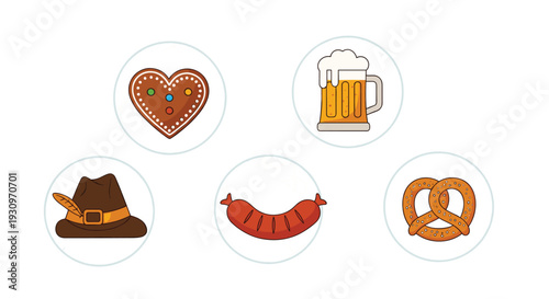 Set of five circular icons for Oktoberfest featuring a beer mug pretzel sausage gingerbread heart and a traditional german hat.