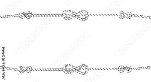 Black and white illustration of two horizontal rope borders featuring nautical knots including a figure-eight knot on white.