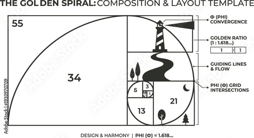 Golden ratio spiral template for design composition and layout