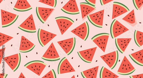 Fun seamless pattern of red watermelon slices and black seeds scattered on a bright pink background for a summer theme.