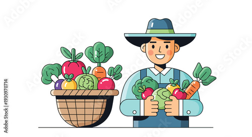 Happy young farmer character in a hat holding fresh vegetables with a full wicker basket of produce on a white background.
