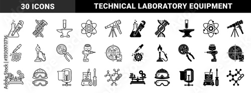 Hybrid laboratory and industrial tool symbols merging scientific glassware and DNA with mechanical wrenches hardware and construction equipment