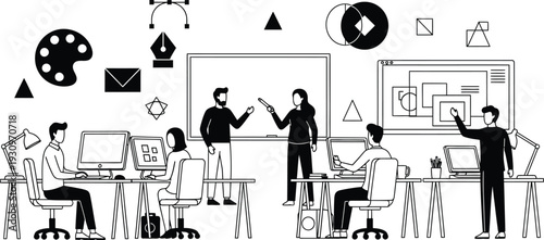 Graphic design team working in modern studio illustration