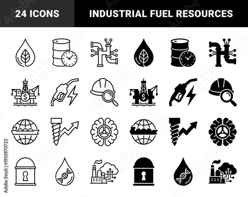 Hybrid industrial energy and biotechnology icons featuring integrated oil barrel clock gas pump lightning and dna droplet concepts in line and solid styles