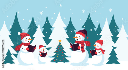 Adorable snowman family wearing hats and scarves singing Christmas carols in a snowy winter forest with a decorated tree.