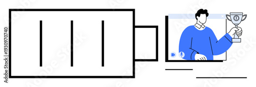 Low battery symbol next to a video frame of a person holding a trophy. Ideal for themes thumbs up motivation, productivity, energy levels, remote success, online awards, achievement, digital content