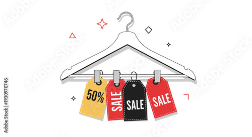 Modern graphic illustration of a clothing hanger with red and black sale and fifty percent off tags for retail promotion.