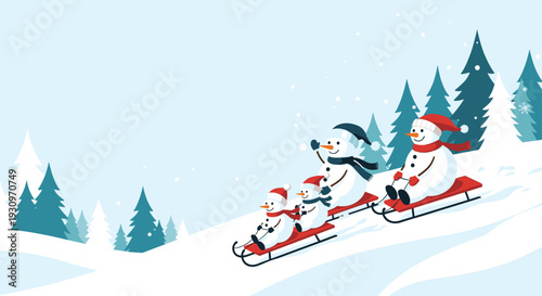Happy snowman family wearing winter hats and scarves sledding down a snowy hill in a festive winter forest landscape.