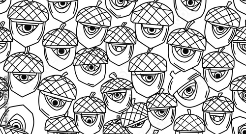 Black and white seamless pattern of quirky cartoon acorns with expressive eyes creating a fun and unusual doodle background.