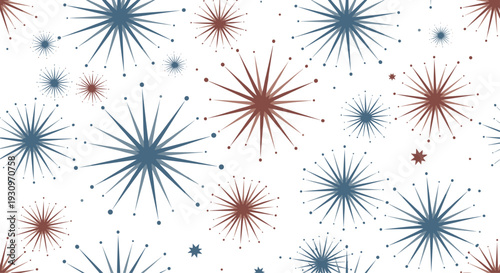 Retro seamless pattern with mid-century modern style starbursts and fireworks in blue and brown on a white background.