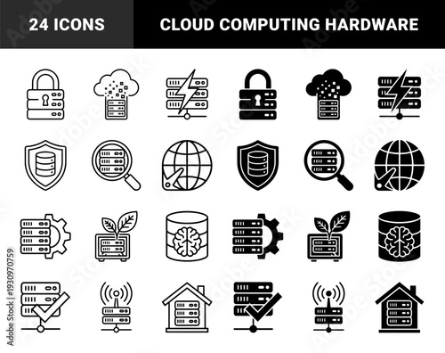 Data center server hybrid icon set featuring cloud storage security shield hardware maintenance and network connectivity in linear and solid styles
