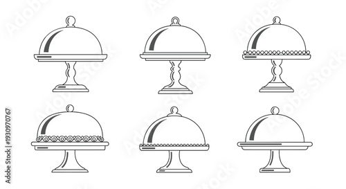 Set of six elegant line art icons showing different designs of cake stands or cloche serving platters on a white background.