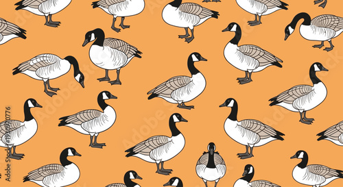 Seamless wallpaper pattern of illustrated Canada geese in various poses including standing and bending on a solid orange background.