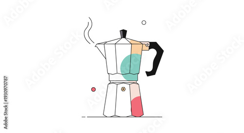 Minimalist line art illustration of a steaming moka pot coffee maker with abstract colorful shapes on a white background.