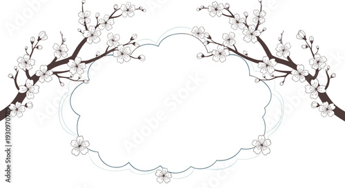 Elegant decorative frame bordered by two delicate branches of cherry blossoms in a clean black and white line art style.