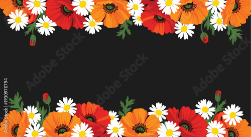 Colorful floral border with red and orange poppies and white daisies on a black background providing ample copy space.