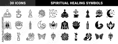 Hybrid wellness icons featuring surreal combinations of lotus meditation figures herbal medicine bowls butterfly eyes and celestial moon cycles in dual stroke and solid styles
