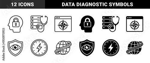 Hybrid cybersecurity and data diagnostic symbols featuring biometric privacy locks medical server monitoring web navigation and global binary encryption