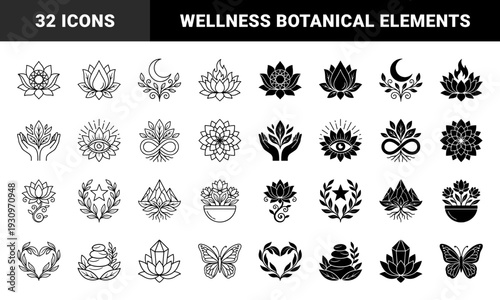 Symmetry black and white hybrid nature symbols merging lotus flower with celestial moon star crystal and organic leaf elements for wellness branding