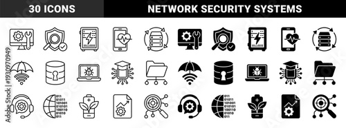 Hybrid digital infrastructure and cybersecurity symbols featuring database encryption server maintenance and artificial intelligence processing elements