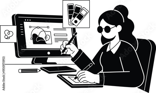 Graphic designer woman working on computer at creative desk