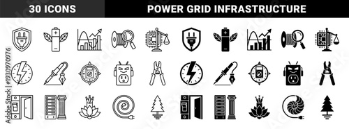 Electrical engineering and power infrastructure symbols merging industrial hardware with organic growth and architectural structural stability motifs