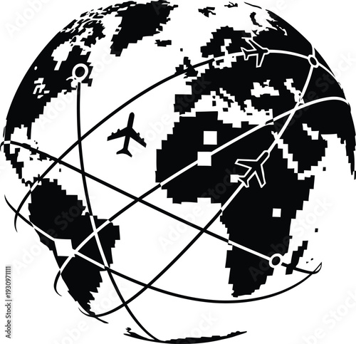 Digital globe with pixel art and vector path connection