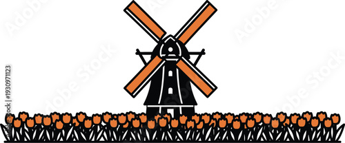 Dutch windmill with orange sails in blooming tulip field
