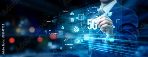 Businessman pointing at 5G network technology on futuristic digital interface screen, high speed connectivity, smart city infrastructure, telecom innovation, wireless communication concept